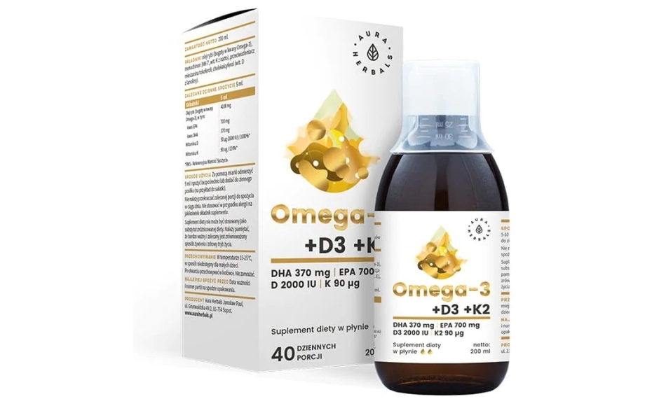 Aura Herbals Omega-3 (370 DHA) + D3 (2000IU) + K2MK7 płyn 200ml