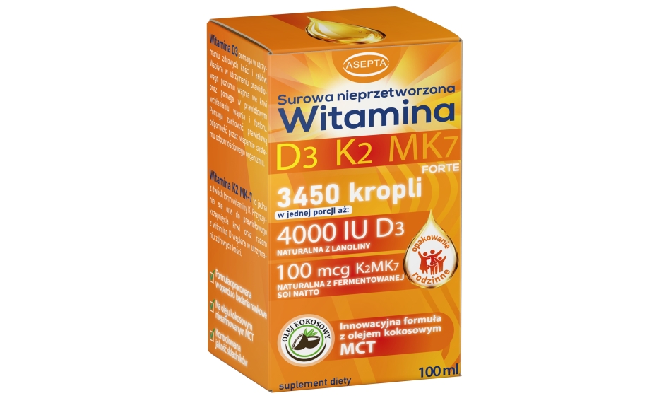 Witamina D3 K2 MK7 (D3 4000IU K2 100mcg) krople 100ml Asepta