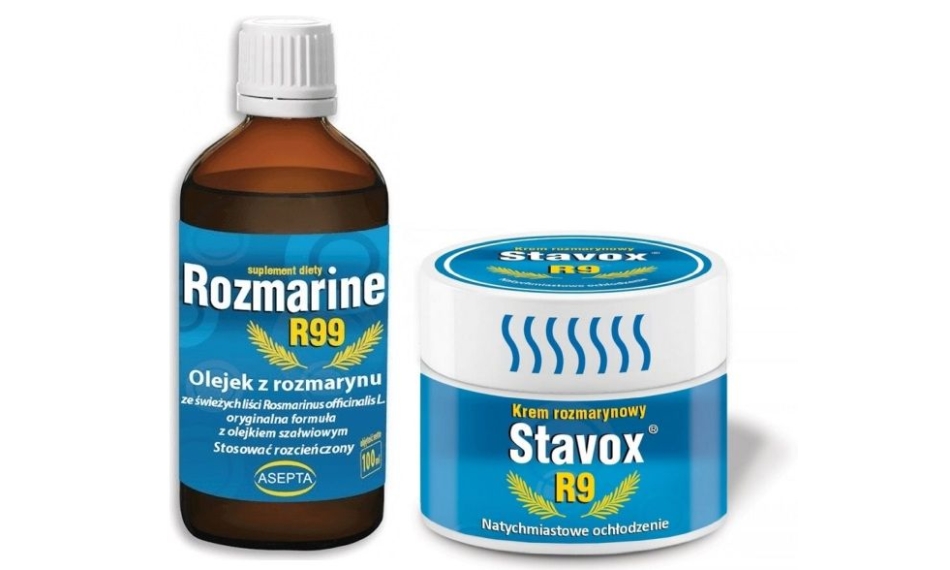 Zestaw duży Rozmarine R99 olejek z rozmarynu płyn 100ml + Stavox (stawox) R9 krem 150ml Asepta