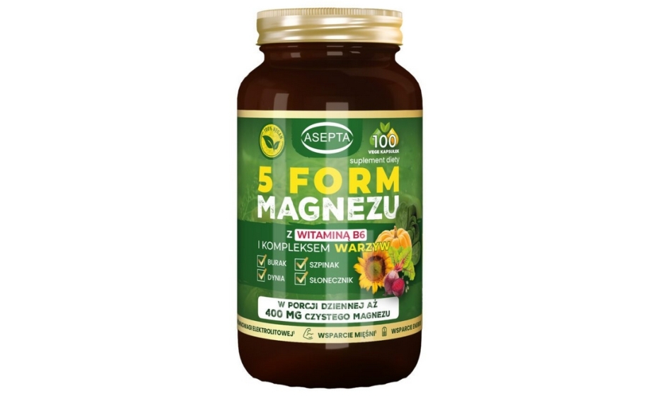 Pięć 5 form magnezu z kompleksem warzyw i witaminą B6 100kapsułek Asepta
